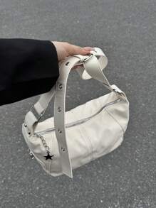 復古歐美風格皮革拉鍊肩背/手提/手包，獨特設計 - 米色 - 查看 4