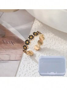 1pc Daisy Ring Mori Style White Flower Resin Coated Finger Ring With Box Packaging, Suitable For Gifting On Friend Gatherings Or Daily Wear - Multicolor - View 2