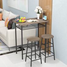 Bar Table With 2 Bar Stools, Pub Dining Table Set, Kitchen Counter Height Table With Bar Chairs, Bistro Table Sets For Kitchen Living Room, Built In Storage Layer - Brown - View 7