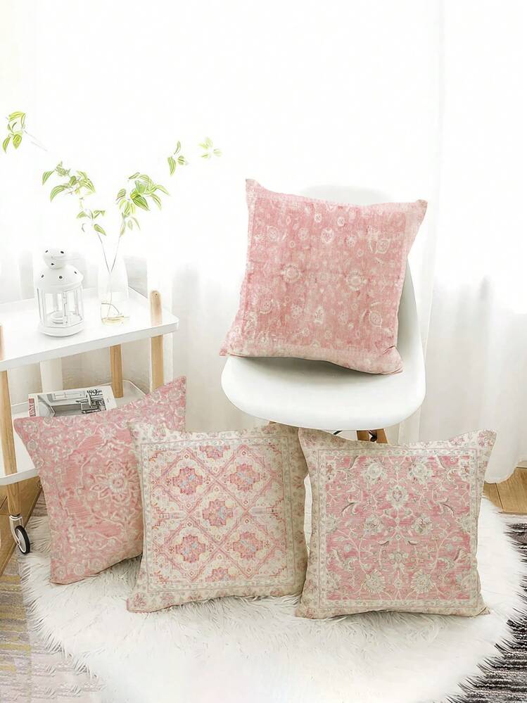 4 قطع من غطاء الوسادة القصير من البوليستر ذو الطراز البوهيمي العتيق، غطاء وسادة للأريكة - وردي - مشاهدة 3