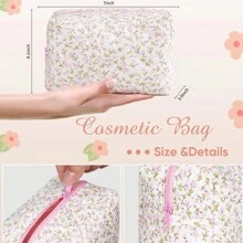 女士绗缝花卉化妆包，可爱化妆袋，旅行洗漱用品收纳包，蓬松化妆刷架，时尚拉链包，波西米亚风，适合假日海滩、浴室收纳、卧室收纳，大容量 - 粉紅色 - 查看 2