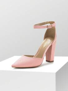 Women Ankle Strap Chunky Heel High Heels Pumps Closed Pointed Toe Fashionable Elegant Wedding Pump Shoes - Hồng - Xem 2