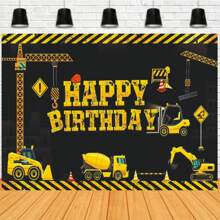 Construction Theme Backdrop Black And Yellow Strips Big Dump Truck Engineering Vehicles Photography Background For Boy Birthday,Christmas - Type a - View 1