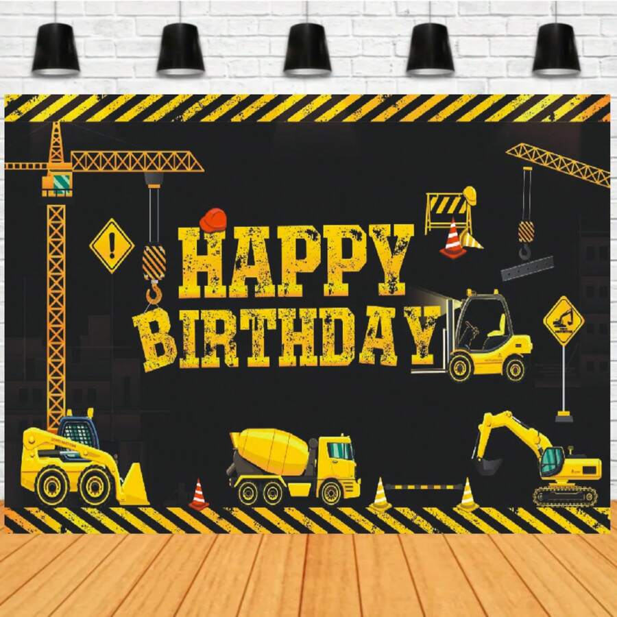 Construction Theme Backdrop Black And Yellow Strips Big Dump Truck Engineering Vehicles Photography Background For Boy Birthday,Christmas - Type a - View 1