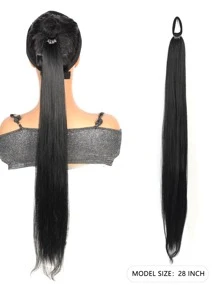 DIY編織馬尾延伸，28英寸長直包圍式馬尾假髮，天然柔軟合成髮料女性日常佩戴 - 黑色 - 查看 4