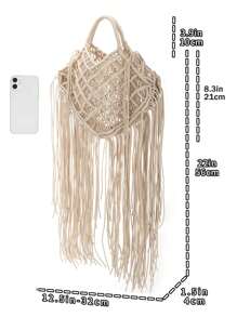 Bolso de playa hecho a mano tejido con flecos para vacaciones - Blanco - Ver 4