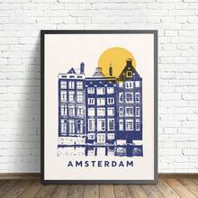 1入組無框帆布牆藝油畫海報，以太陽照耀的背景凸顯代表性的阿姆斯特丹建築，適用於城市裝飾和旅行愛好者，並可放置於客廳或辦公室 - 彩色 - 查看 13