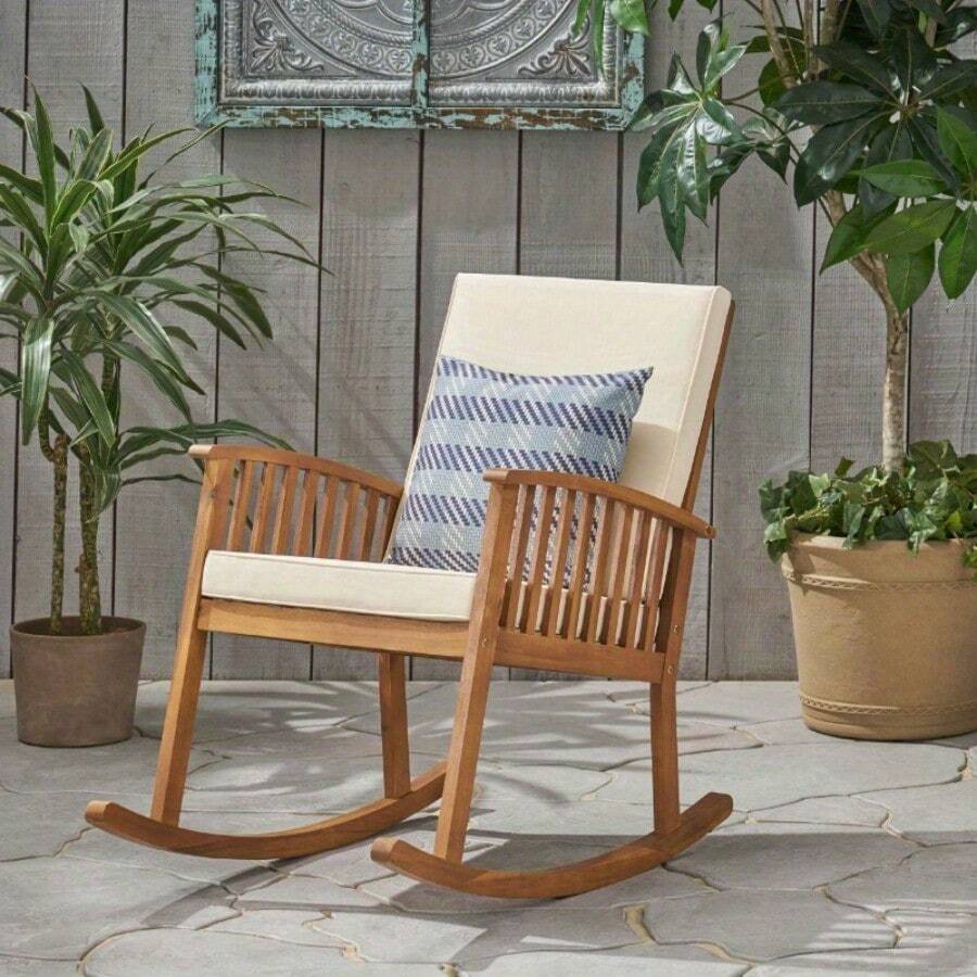 Rocking Chair With Cushions, Solid Acacia Wood Veneer
