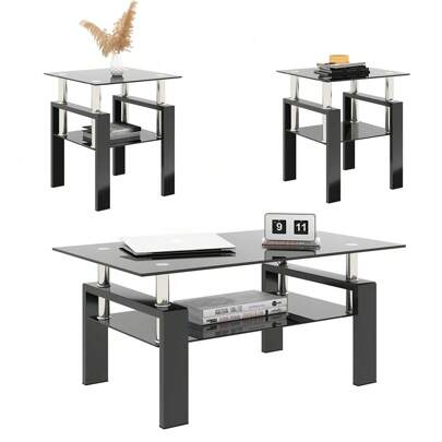 Modern Rectangle Black Glass Coffee Table And Side Center Tables For Living Room With Metal Legs