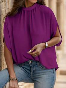 女士小立領褶皺和蝙蝠袖休閒套裝和頭帶 - 紫色 - 查看 2