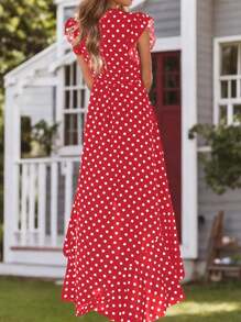 Vestido de mujer con cuello en V y volantes con dobladillo irregular - Rojo - Ver 3