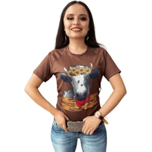 Blusa Vaquera manga corta en color marrón chocolate con estampado de cabeza de vaca con flores. - Marrón Chocolate - Ver 1