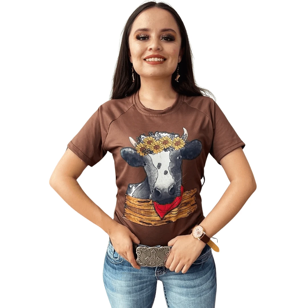 Blusa Vaquera manga corta en color marrón chocolate con estampado de cabeza de vaca con flores. - Marrón Chocolate - Ver 1