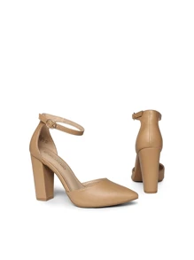 Women Ankle Strap Chunky Heel High Heels Pumps Closed Pointed Toe Fashionable Elegant Wedding Pump Shoes - 杏色/PU - 查看 6