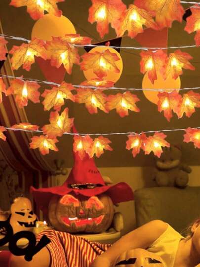 10Ft Fall Lights Thanksgiving Fall Decor Lighted Fall Garland 10 Ft 20 LEDs Fall Leaves Garland String Lights Plug In Maple Leaf Lights For Harvest Autumn Halloween Decorations Indoor Outdoor Home For Holiday Decor, Party Decor Supplies, Holiday Gifts