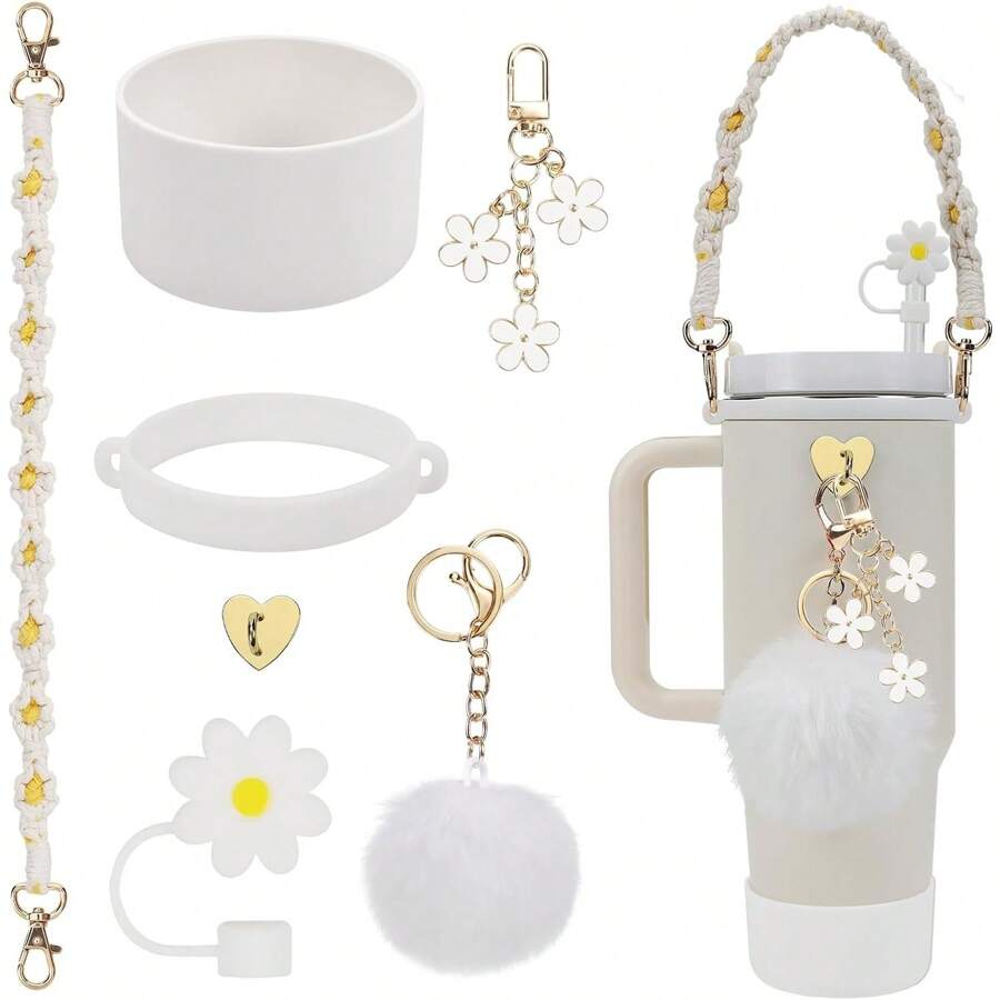 7pcs Cup Accessories Set Compatible With StanleyCup 30 Oz 40 Oz Include 1 Pc Water Bottle Handle Strap 1 Pc Silicone Straw Cover 1 Pc Silicone Cup Boot 2 Pcs Charms Accessories - White - View 1