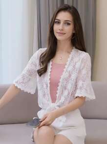 1pc Women Summer Lace Floral Sheer Long Sleeve Sun Protection Shirt, V-Neck Short Style Top - Multicolor - View 18