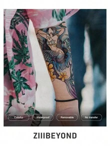 1入組防水山海經-蛟人暫時性紋身貼紙，色彩繽紛的美人魚和花卉紋身貼紙適用於女士，INS風格設計，持久耐用 - 彩色 - 查看 2