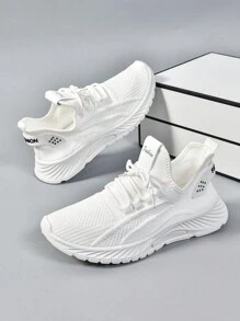 男士透氣露空設計運動鞋，輕量化氣墊柔軟底部帶網眼休閒運動鞋 - 白色 - 查看 4