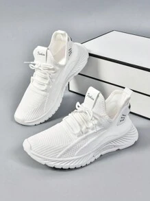 男士透氣露空設計運動鞋，輕量化氣墊柔軟底部帶網眼休閒運動鞋 - 白色 - 查看 2