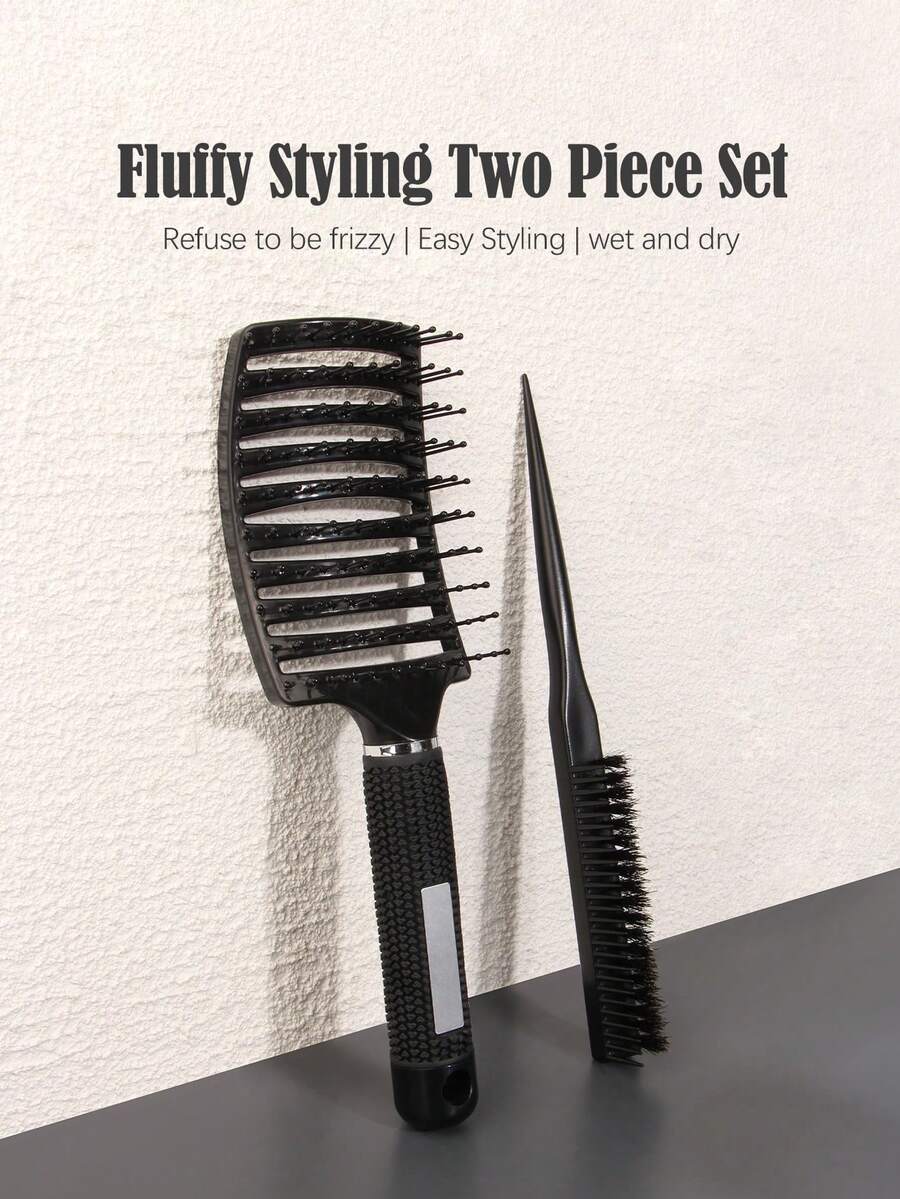 女性用梳子套裝，尼龍齒大弧度梳子，空心梳，蓬鬆造型梳，尖尾撥梳，捲髮梳 - 黑色 - 查看 1