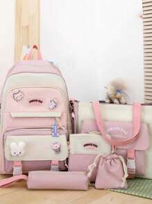 Large-Capacity Versatile Backpack, Simple And Fresh Design, Ideal School Bag Set For School, College & Travel, School Supplies,School Backpack,School Bag,School Bag Set,School Bookbag,Large Capacity,With Pencil Case,Classic Casual,Laptop Compartment, Suitable For Teen Girls Women College Students,Boys And Men, Perfect For Back To School,First Day Of School,College,Middle School, High School - Pink - View 1