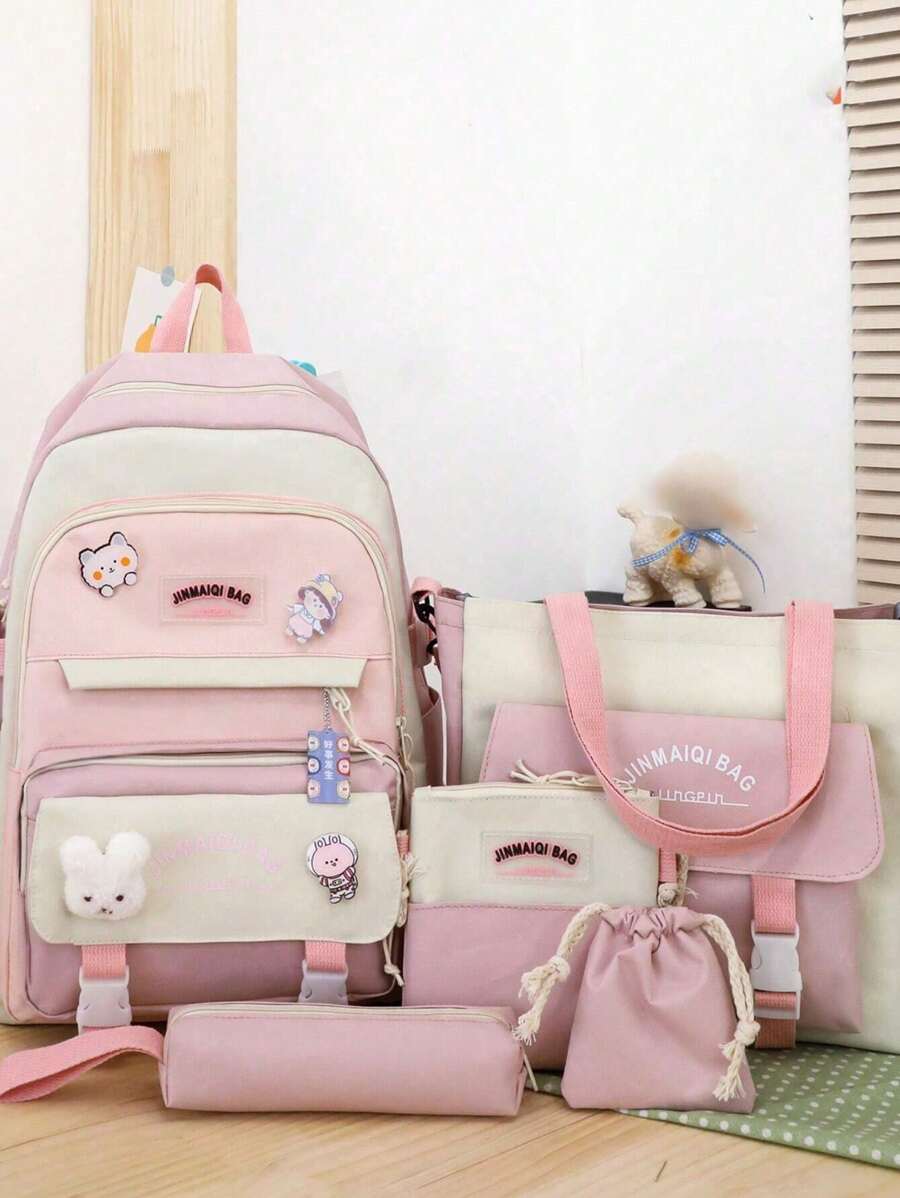 Large-Capacity Versatile Backpack, Simple And Fresh Design, Ideal School Bag Set For School, College & Travel, School Supplies,School Backpack,School Bag,School Bag Set,School Bookbag,Large Capacity,With Pencil Case,Classic Casual,Laptop Compartment, Suitable For Teen Girls Women College Students,Boys And Men, Perfect For Back To School,First Day Of School,College,Middle School, High School - Pink - View 1