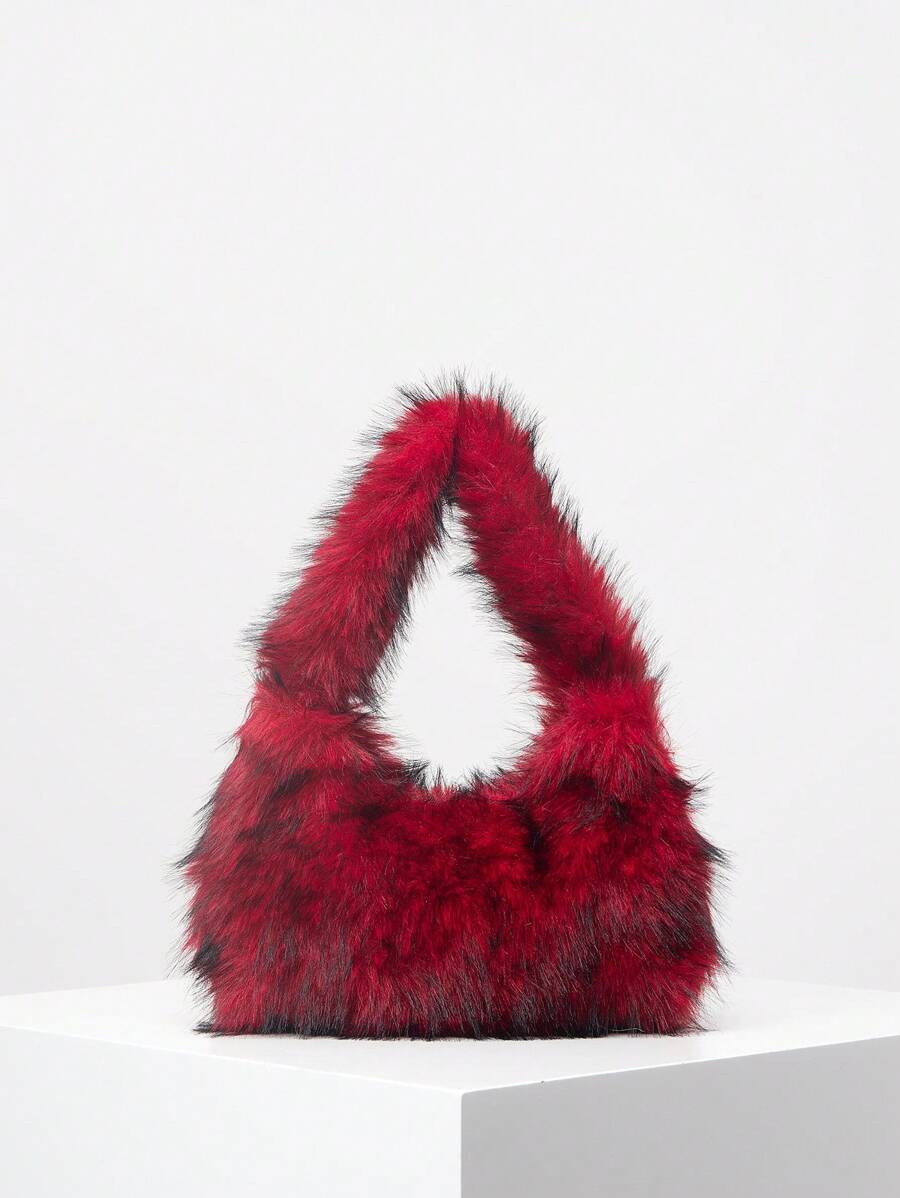 Y2K毛絨肩袋，多巴胺風格新月形袋，拼色腋下袋，時尚多用途手提袋，可愛女士錢包（隨機圖案）