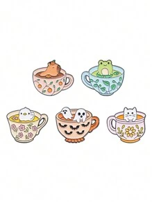 5pcs Creative Cute Animal Cup Shaped Brooch Pin Cartoon Badge, Fashionable Jewelry Suitable For Daily Wearing On Clothes & Backpacks By Men And Women