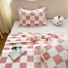 1pc Checkerboard Pattern Flannel Blanket, Soft & Cozy Nap Blanket For Sofa Bed Office, Suitable For All Seasons - Pink - View 2