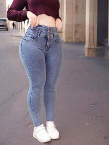 Pantalon jeans sin bolsas de mezclilla estilo skinny stretch para dama mujer ajustado push up cintura alta corte colombiano - Barrido claro sin bolsas - Ver 4