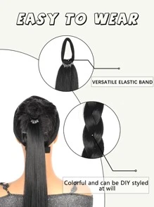 DIY編織馬尾延伸，28英寸長直包圍式馬尾假髮，天然柔軟合成髮料女性日常佩戴 - 黑色 - 查看 5