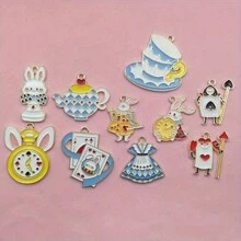 5/10件珐琅饰品，兔子、扑克牌、茶壶、钟表吊坠，合金材质，DIY项链手链制作材料，美国（7月4日）、万圣节、字母 - 吊墜 - 查看 8