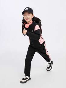 Annil Tween女孩春秋運動衫套裝，時尚長袖夾克和長褲Tween兩件套裝黑色 - 黑色 - 查看 2