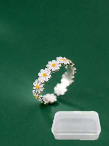 1pc Daisy Ring Mori Style White Flower Resin Coated Finger Ring With Box Packaging, Suitable For Gifting On Friend Gatherings Or Daily Wear - Multicolor - View 3