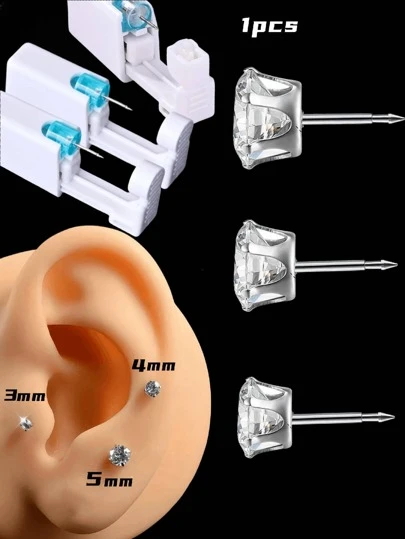 1 set pistol medical steril pentru piercing urechii, pistol de unică folosință pentru piercing cartilajului cu durere scăzută, inclusiv 3 AAA în formă de coroană, din zirconiu alb, în 3 dimensiuni (3 mm/4 mm/5 mm), potrivit pentru bărbați și femei ca instrument și accesoriu pentru frumusețea urechii