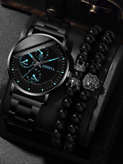 3pcs Fashionable And Versatile Men's Steel Strap Quartz Watch, Paired With Lion Crown Bead Bracelet Set, Suitable For Business, Parties, And Daily Wear, The Best Gift For Men.
