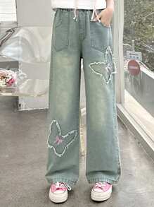 夏季女童蝴蝶刺绣牛仔短裤 - 藍色 - 查看 2