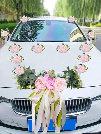 1 pieza Decoración de flor artificial de rosa para coche de boda, decoración para manija de puerta, espejo retrovisor, adorno floral para la boda, con ventosa, hoja de eucalipto, decoración para arreglar el coche de la boda, accesorio principal para decorar el coche de boda, flor extraíble para boda