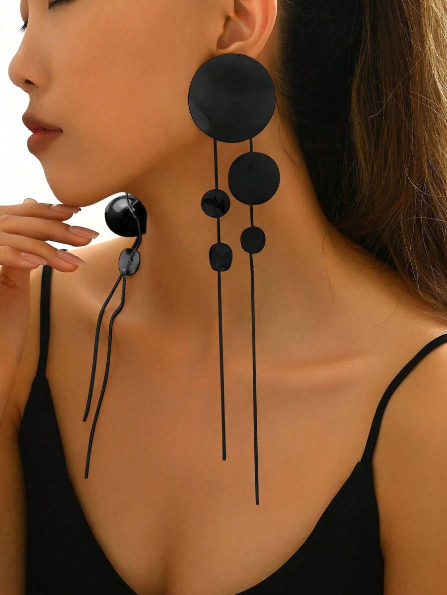 New Fashion Tasseled Long Smooth Round Exaggerated European Style Earrings - Black - View 1