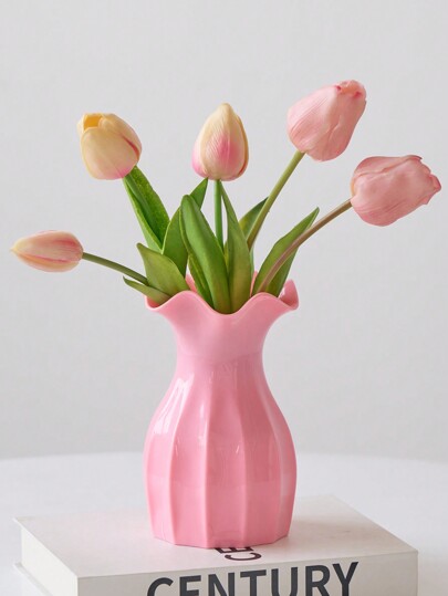 1pc Ceramic Look Plastic Vase Wit Unbreakable Tulips Roses Flowers Home Living Room, Tafel Birthday Graduation Back To School Room Supplies Flower Glass