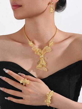 5pcs/Set Fashion 18k Gold Plated Dubai Jewelry Set Necklace Wedding Earrings Ring Bracelet Women's African Bridal Jewelry Accessories Gifts