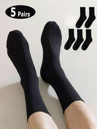 5 Pairs Men's Socks, Including White Mid-Calf Socks, Black Knee-High Socks, Odor-Resistant Athletic Socks, European Sizes, Suitable For Autumn/Winter