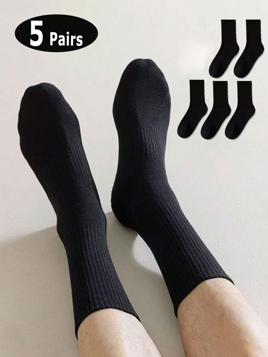 5双男士袜子,包括白色中筒袜、黑色过膝袜,防臭运动袜,欧码,适合秋冬季穿着 - 黑色 - 查看 1