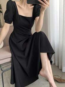 Vestido de mujer de longitud media de moda manga corta con mangas abullonadas y cintura ajustada de unicolor vestidos de fiesta - Negro - Ver 4