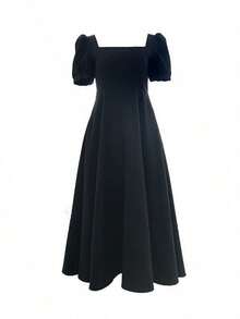 Vestido de mujer de longitud media de moda manga corta con mangas abullonadas y cintura ajustada de unicolor vestidos de fiesta - Negro - Ver 5