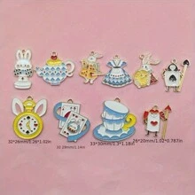 5/10件珐琅饰品，兔子、扑克牌、茶壶、钟表吊坠，合金材质，DIY项链手链制作材料，美国（7月4日）、万圣节、字母 - 吊墜 - 查看 5
