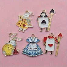 5/10件珐琅饰品，兔子、扑克牌、茶壶、钟表吊坠，合金材质，DIY项链手链制作材料，美国（7月4日）、万圣节、字母 - 吊墜 - 查看 2
