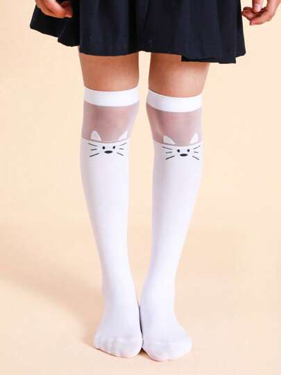 Cute Cat Print Mid-Calf Knee High Socks For Girls