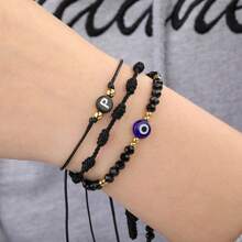 Ensemble de 3 bracelets à lettre à œil maléfique en verre tressé à la main avec sept cordes noires pour femmes